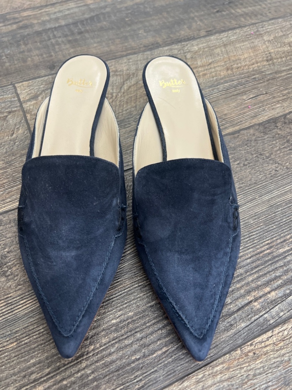 Butter Suede Pointed-Front Slip-On Mules in Black